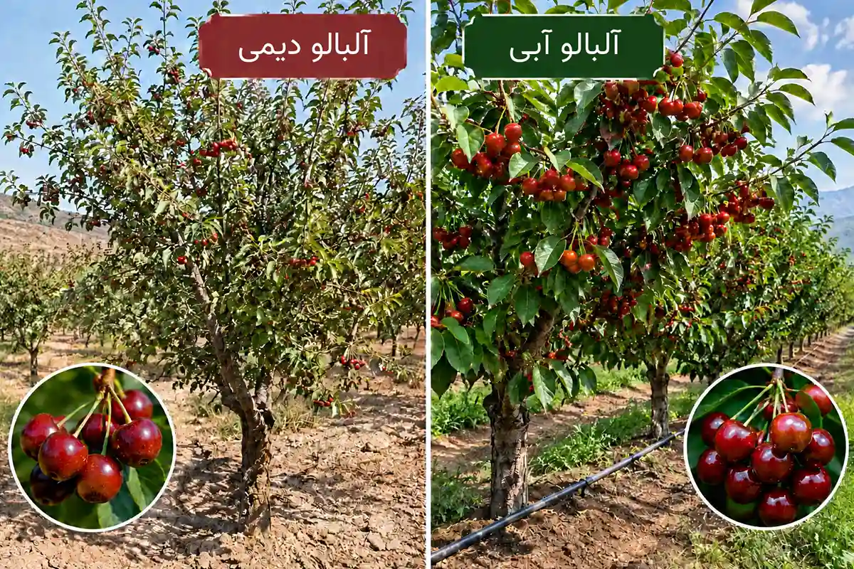 باغ آلبالو دیم و آبی + مقایسه روش کشت و آبیاری