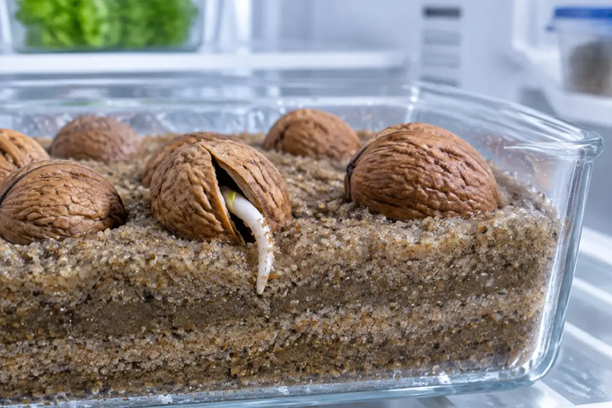 سرمادهی بذر گردو در یخچال + نمایش دمای ۲ تا ۵ درجه و ماسه مرطوب
