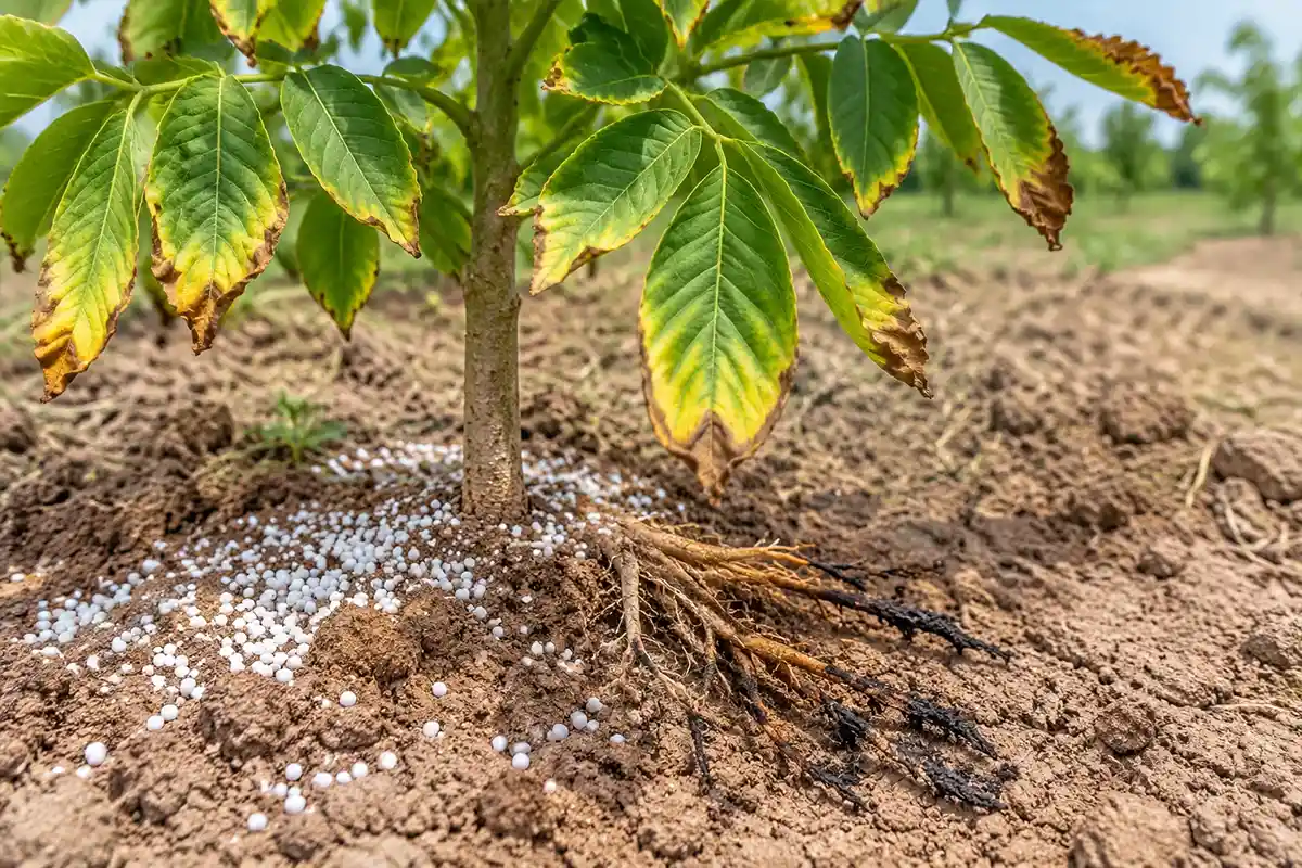 سوختگی ریشه نهال گردو + آسیب ناشی از مصرف مستقیم اوره
