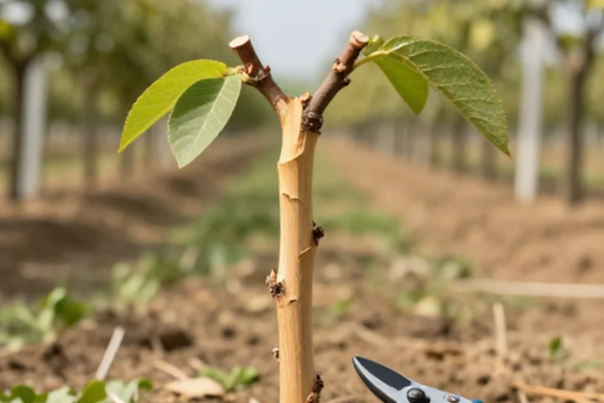 هرس سربرداری نهال گردو در روز اول + انتخاب محل برش برای ساخت اسکلت اصلی درخت.