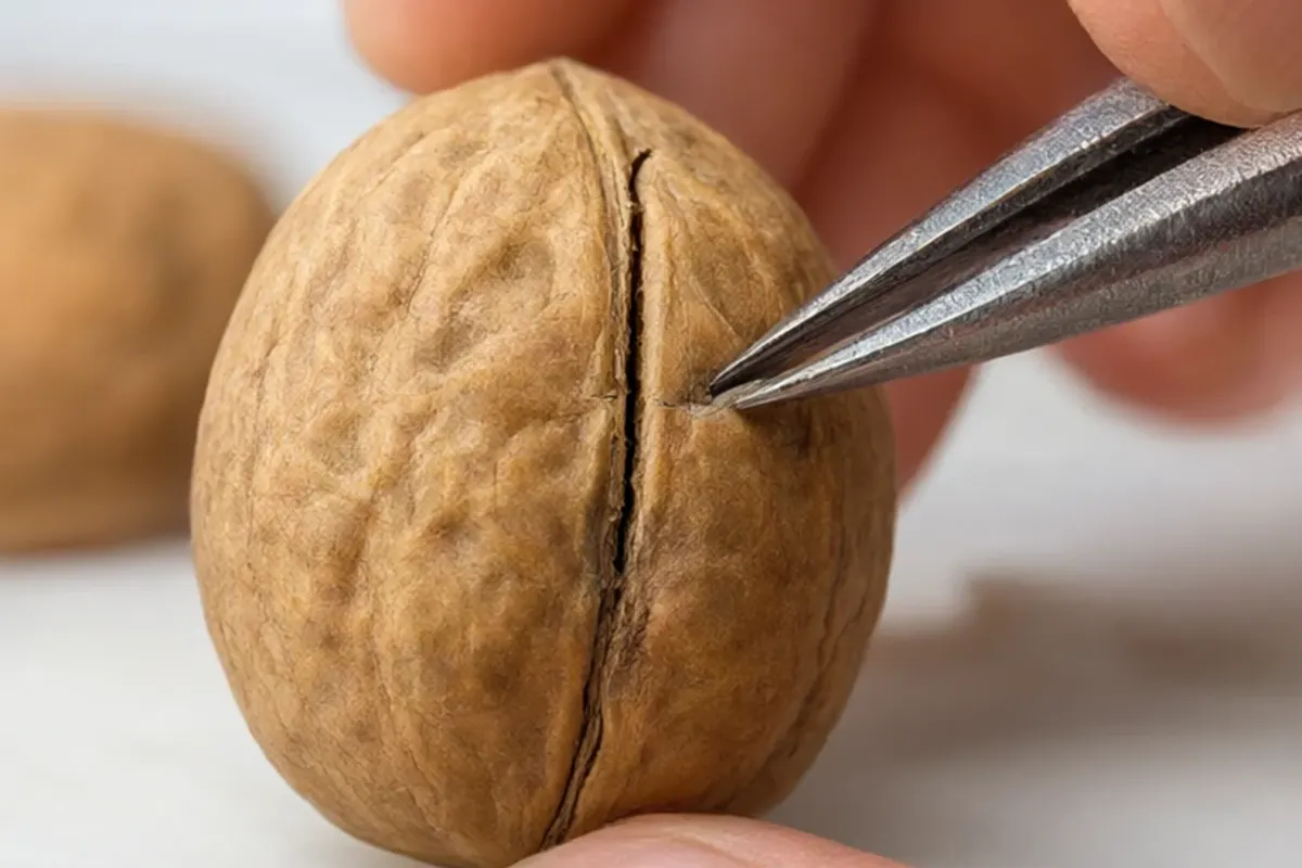 پوست چوبی بذر گردو + محل درز پوسته و مسیر احتمالی خروج ریشه